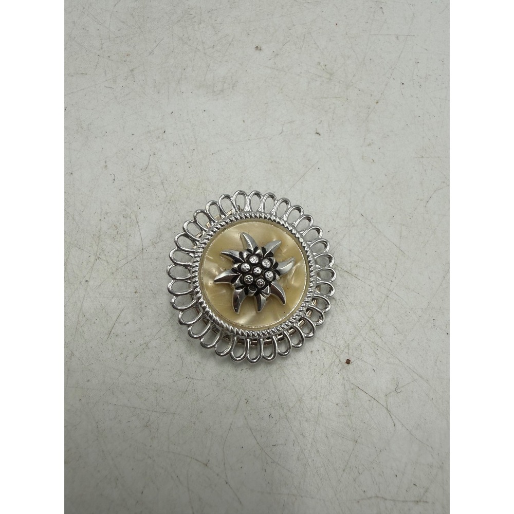 Vintage Silver Tone Edelweiss Scarf Clip Mother of Pearl Style Inlay Flower